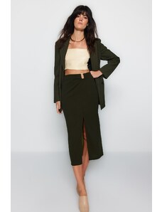 Trendyol Khaki Crepe Buckled Maxi High Waist Elastic Knitted Skirt With Slit Detail