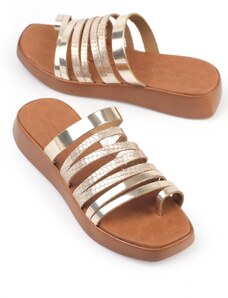 Capone Outfitters Capone Toe Detail Multi-Stripes Gold Women's Leather Slippers.