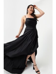 Lafaba Dámské Černé Volánky Rozparek Plus Velikost Saténové večerní šaty Promoční šaty