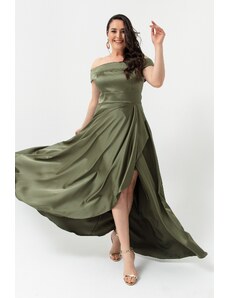 Lafaba Dámské khaki lodičkový výstřih plus velikost saténové večerní šaty a plesové šaty