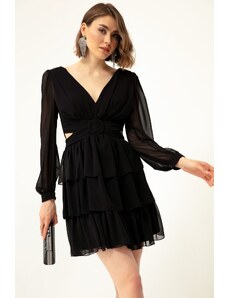 Lafaba Women's Black Frilled Decollete Mini Chiffon Evening Dress.