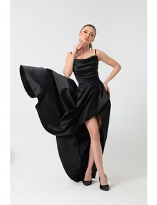 Lafaba Dámské černé volánkové rozparkové saténové večerní šaty a promoční šaty