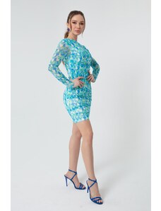 Lafaba Dámské modré vzorované mini šaty