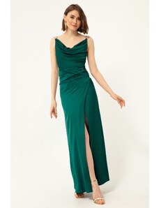 Lafaba Women's Emerald Green Evening Dress with Stone Straps, Plunger Collar Satin