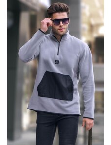 Madmext Men's Painted Gray Bato Collar Kangaroo Pocket Cold-Proof Fleece Sweatshirt 6018.