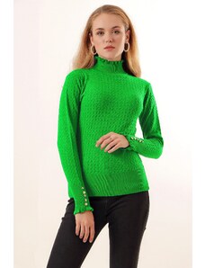 Bigdart 15786 Buttoned Turtleneck Sweater - Blue Green
