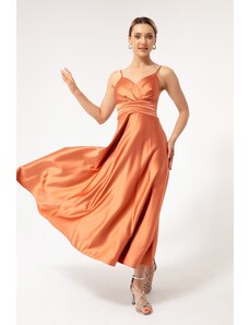 Lafaba Dámské oranžové lano popruh pas pás pás satén midi večerní šaty a promoční šaty