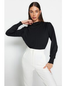 Trendyol Black Stand-Up Collar Regular Fit Gipe Detail Flexible Knitted Blouse