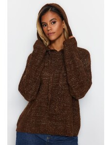 Trendyol Brown Stříbřitý Boucle Pletený svetr s kapucí