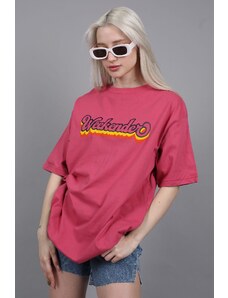 Madmext Pink Printed Oversized Round Neck Women's T-Shirt