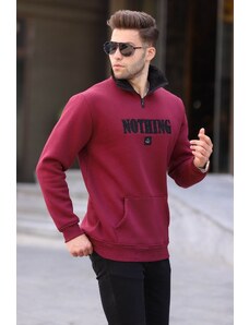 Madmext Claret Red Printed Sweatshirt with Zipper Detail 6003