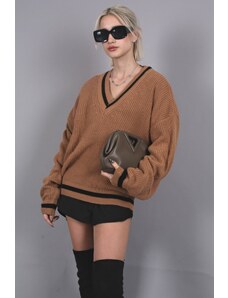 Madmext Camel V-Neck Knitwear Sweater