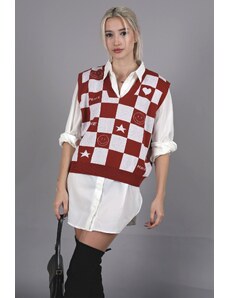 Madmext Tile V-Neck Checkered Pattern Regular Fit Women's Sweater