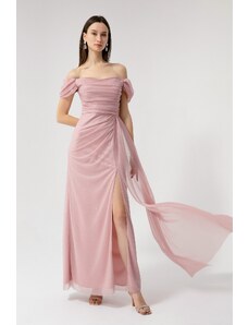 Lafaba Dámské růžové lodičkový výstřih přehodil štěrbinu dlouhé stříbřité večerní šaty