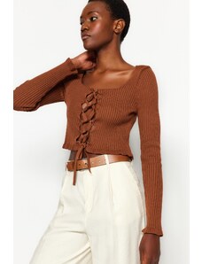 Trendyol Brown Crop Eyelet Detailed Knitwear Sweater