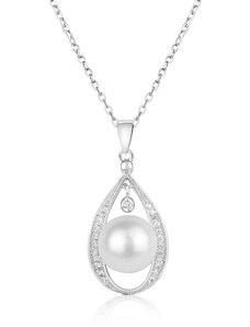 Stříbrný náhrdelník s velkou perlou v kapce zdobené zirkony - Meucci SP99N