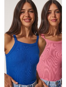 Happiness İstanbul Women's Blue Pink 2-pack Ribbed Crop Halterneck Knitted Singlets