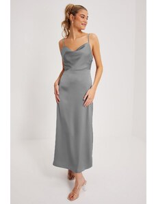 Madmext Gray Satin Scoop Neck Midi Dress