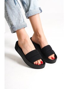 Capone Outfitters Capone Women's Quilted Strap, Colorful Detailed Wedge Heel Matte Satin Black Women's Slippers.