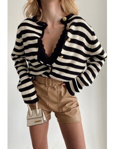 Madmext Black Striped Crew Neck Gold Button Detailed Cotton Cardigan