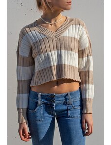 Madmext Beige V-Neck Striped Crop Women's Sweater
