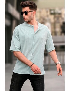 Madmext Mint Green Big Collar Striped Short Sleeve Shirt 5863