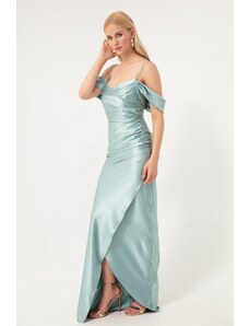 Lafaba Women's Turquoise Evening Dress with Thin Straps, Double Breasted Collar and Slits.