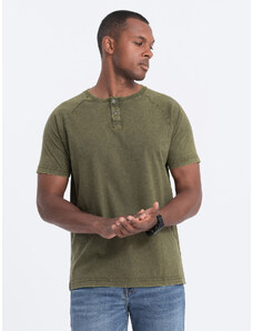 Ombre Clothing Pánské tričko s výstřihem henley - tmavě olivové V4 S1757