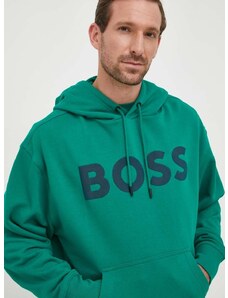 Bavlněná mikina BOSS BOSS ORANGE pánská, zelená barva, s kapucí, s potiskem