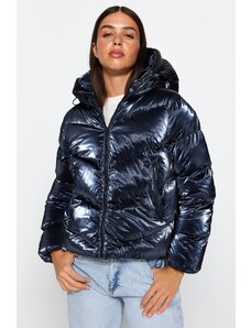 Trendyol Navy Blue Nadrozměrný lesklý vodoodpudivý nafukovací kabát s kapucí
