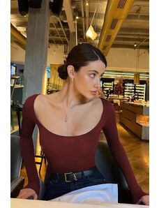 Madmext Burgundy Boat Neck Women Bodysuit