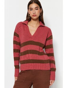 Trendyol světle růžový vlněný pruhovaný pletený svetr