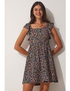 Happiness İstanbul Women's Black and Pink Summer Floral Viscose Dress
