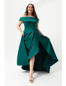 Lafaba Dámské smaragdově zelené plus velikosti saténové večerní šaty a plesové šaty s lodičkovým límcem