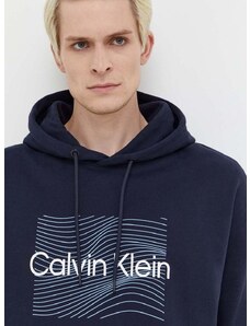 Bavlněná mikina Calvin Klein pánská, tmavomodrá barva, s kapucí, s potiskem