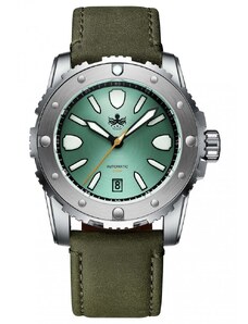 Stříbrné pánské hodinky Phoibos Watches s koženým páskem Great Wall 300M - Green Automatic 42MM Limited Edition