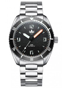 Stříbrné pánské hodinky Phoibos Watches s ocelovým páskem Reef Master 200M - Pitch Black Automatic 42MM