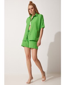Happiness İstanbul Women's Green Summer Linen Shirt Shorts Suit