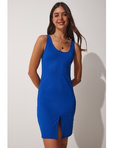 Happiness İstanbul Dámské modré páskové šaty Saran Mini pletené šaty