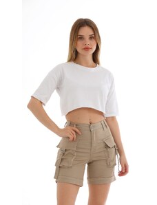 BİKELİFE Beige Cargo Pocket High Waist Flexible Denim Shorts