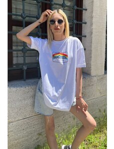 Madmext Women's White Oversized Printed T-shirt Mg808