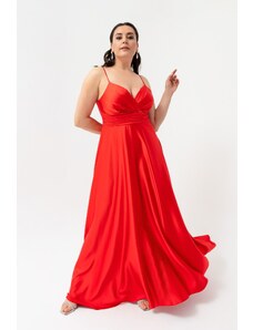 Lafaba Dámské červené lanové popruhy Plus Size Saténové dlouhé večerní šaty a promoční šaty