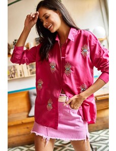 Olalook Women's Dark Fuchsia Sequin Detailed Woven Boyfriend Shirt