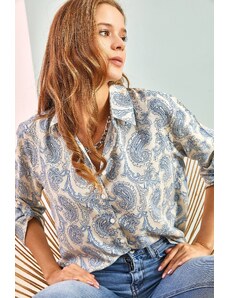 Bianco Lucci Women's Multi Leaf Patterned Sleeve Fold Viscose Shirt