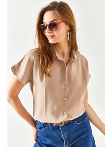 Olalook Women's Milk Brown Bat Oversize Linen Shirt