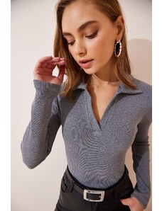 Happiness İstanbul Women's Smoked Polo Neck Corded Knitted Blouse