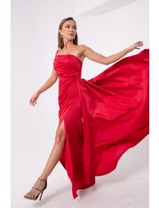 Lafaba Dámské červené saténové večerní šaty na jedno rameno a promoční šaty