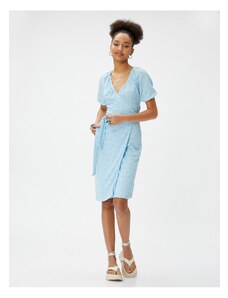 Koton Mini Scalloped Dress with Wrapover Belted V-Neck with Balloon Sleeves