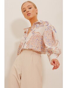 Trend Alaçatı Stili Women's Cream-Brown Princess Ethnic Patterned Flamed Linen Woven Shirt