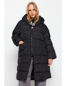 Trendyol Black Oversize vodoodpudivý dlouhý péřový kabát s kapucí
